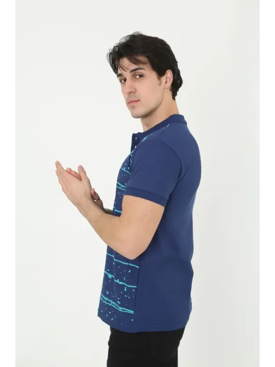 Erkek Yakalı Slim Fit Pike Çizgili T-Shirt - Mavi Erkek Yakalı Slim Fit Pike Çizgili T-Shirt - Mavi