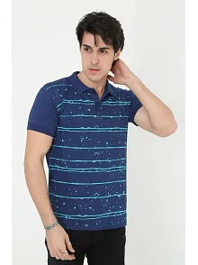 Erkek Yakalı Slim Fit Pike Çizgili T-shirt - Mavi