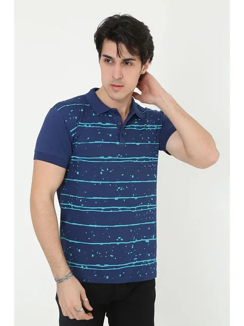 Erkek Yakalı Slim Fit Pike Çizgili T-shirt - Mavi