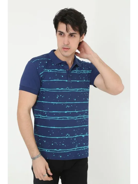 Erkek Yakalı Slim Fit Pike Çizgili T-Shirt - Mavi Erkek Yakalı Slim Fit Pike Çizgili T-Shirt - Mavi
