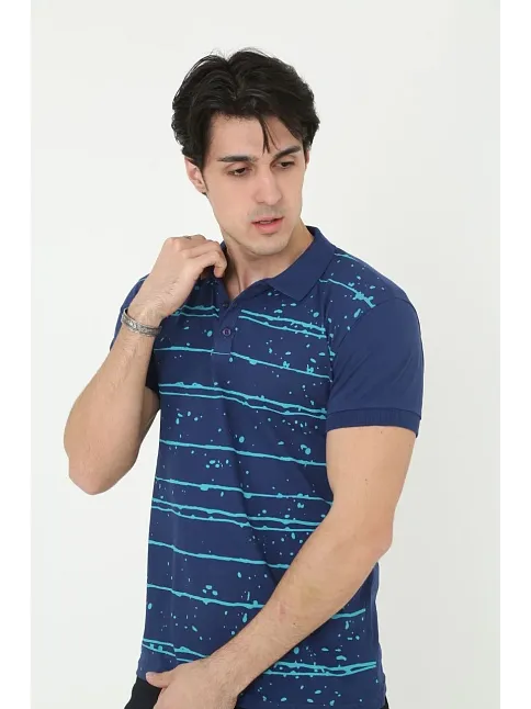 Erkek Yakalı Slim Fit Pike Çizgili T-shirt - Mavi
