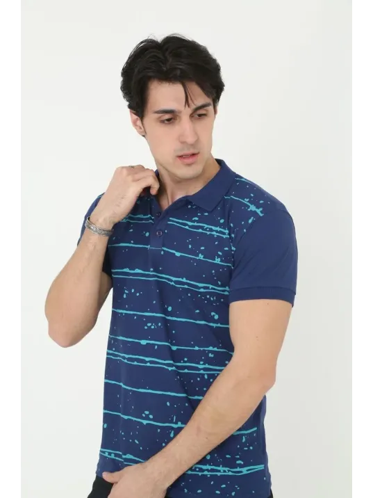 Erkek Yakalı Slim Fit Pike Çizgili T-Shirt - Mavi Erkek Yakalı Slim Fit Pike Çizgili T-Shirt - Mavi