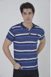 Erkek Yakalı Slim Fit Dokuma Çizgili T-shirt - Mavi