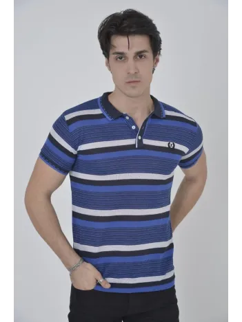 Erkek Yakalı Slim Fit Dokuma Çizgili T-Shirt - Mavi Erkek Yakalı Slim Fit Dokuma Çizgili T-Shirt - Mavi