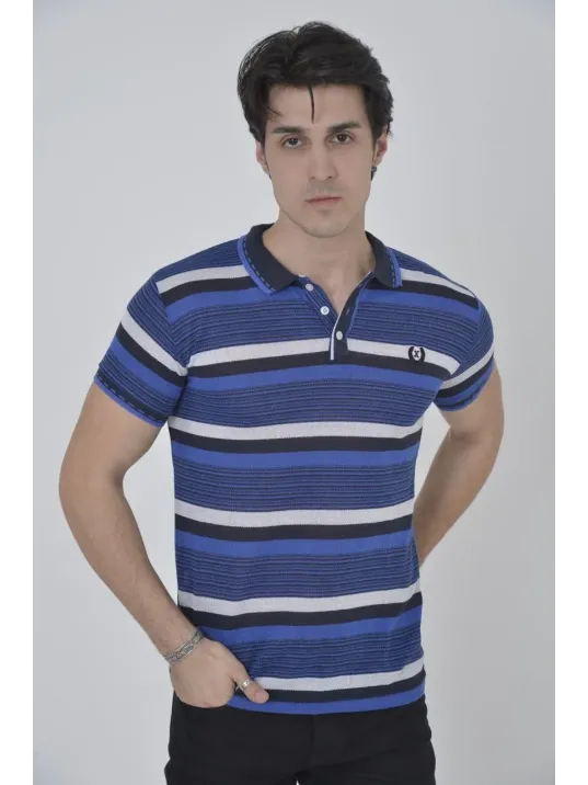 Erkek Yakalı Slim Fit Dokuma Çizgili T-Shirt - Mavi Erkek Yakalı Slim Fit Dokuma Çizgili T-Shirt - Mavi