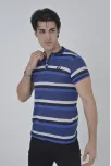 Erkek Yakalı Slim Fit Dokuma Çizgili T-shirt - Mavi