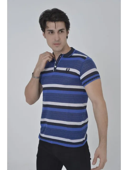 Erkek Yakalı Slim Fit Dokuma Çizgili T-Shirt - Mavi Erkek Yakalı Slim Fit Dokuma Çizgili T-Shirt - Mavi