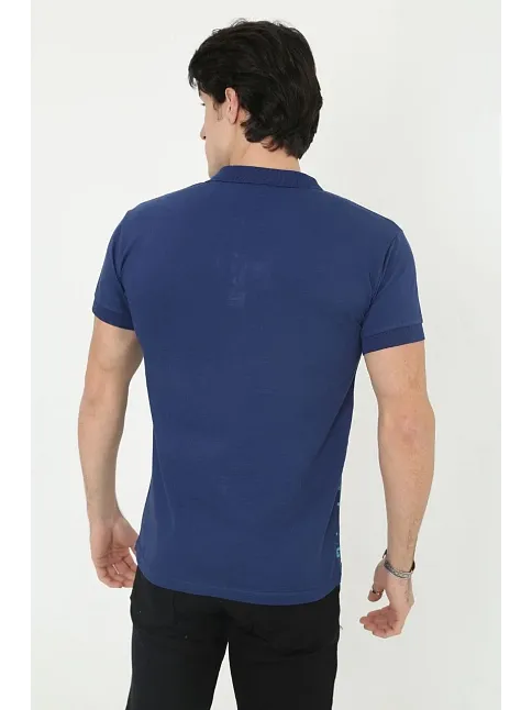 Erkek Yakalı Slim Fit Pike Çizgili T-shirt - Mavi