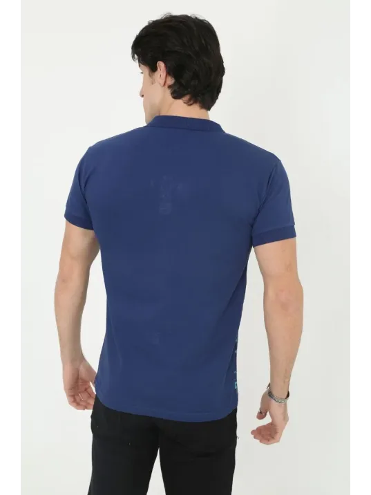 Erkek Yakalı Slim Fit Pike Çizgili T-Shirt - Mavi Erkek Yakalı Slim Fit Pike Çizgili T-Shirt - Mavi