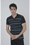 Erkek Yakalı Slim Fit Pike Çizgili T-shirt - Siyah