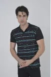 Erkek Yakalı Slim Fit Pike Çizgili T-shirt - Siyah