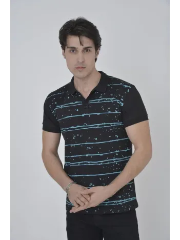 Erkek Yakalı Slim Fit Pike Çizgili T-Shirt - Siyah Erkek Yakalı Slim Fit Pike Çizgili T-Shirt - Siyah