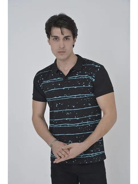 Erkek Yakalı Slim Fit Pike Çizgili T-shirt - Siyah