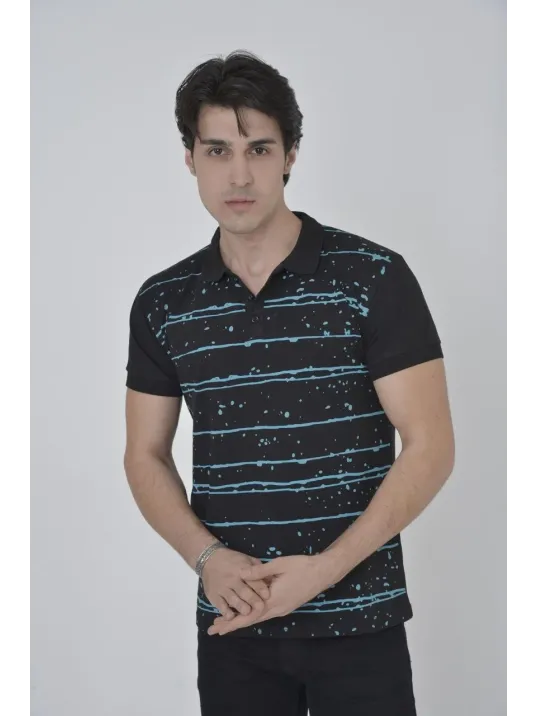 Erkek Yakalı Slim Fit Pike Çizgili T-Shirt - Siyah Erkek Yakalı Slim Fit Pike Çizgili T-Shirt - Siyah