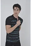 Erkek Yakalı Slim Fit Pike Çizgili T-shirt - Siyah