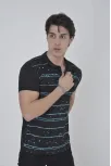 Erkek Yakalı Slim Fit Pike Çizgili T-shirt - Siyah