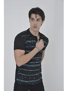 Erkek Yakalı Slim Fit Pike Çizgili T-shirt - Siyah