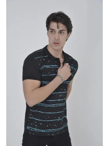 Erkek Yakalı Slim Fit Pike Çizgili T-Shirt - Siyah