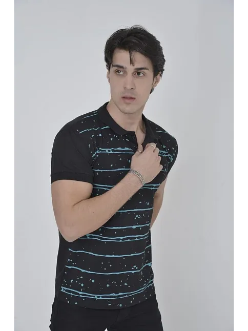 Erkek Yakalı Slim Fit Pike Çizgili T-shirt - Siyah