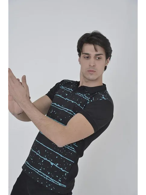 Erkek Yakalı Slim Fit Pike Çizgili T-shirt - Siyah