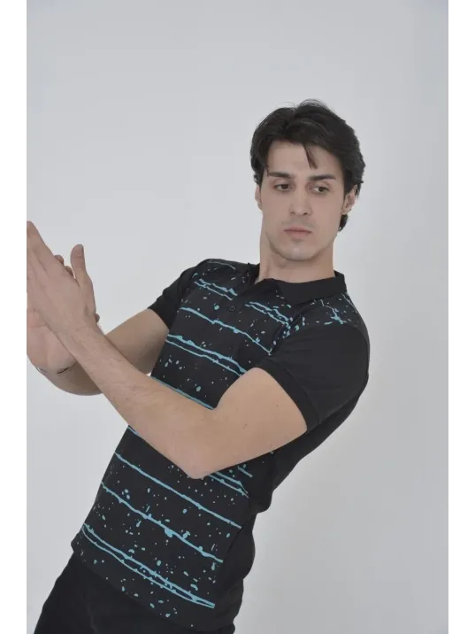 Erkek Yakalı Slim Fit Pike Çizgili T-Shirt - Siyah Erkek Yakalı Slim Fit Pike Çizgili T-Shirt - Siyah