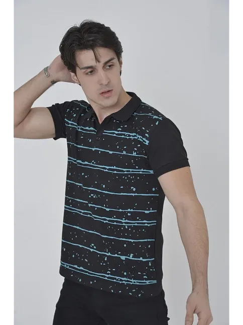 Erkek Yakalı Slim Fit Pike Çizgili T-shirt - Siyah