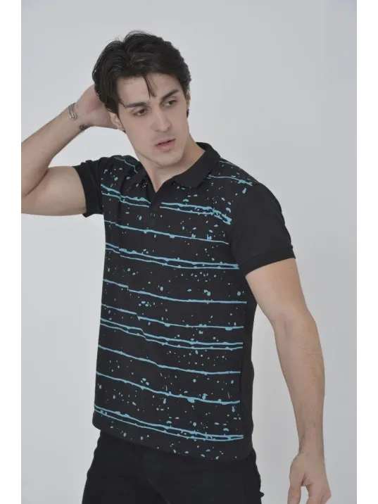 Erkek Yakalı Slim Fit Pike Çizgili T-Shirt - Siyah Erkek Yakalı Slim Fit Pike Çizgili T-Shirt - Siyah