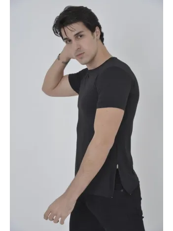 Erkek Yandan Fermuarli Slim fit T-shirt - Siyah
