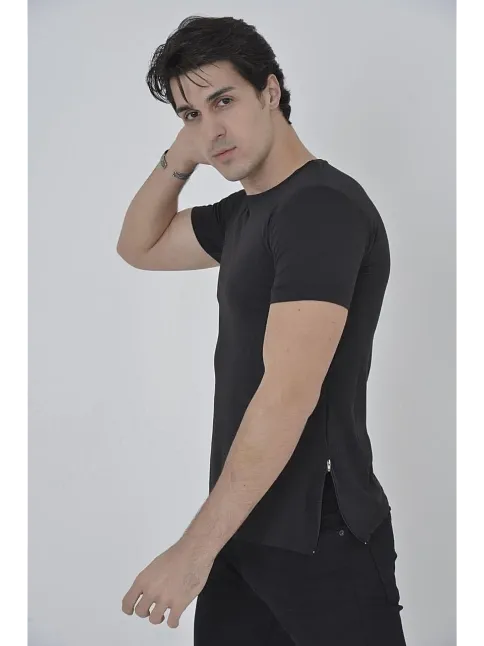 Erkek Yanlardan Fermuarlı T-shirt Kısa Kol Bisiklet Yaka Slimfit Tişört   - Siyah
