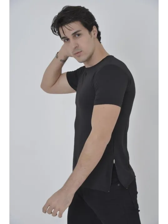 Erkek Yandan Fermuarli Slim fit T-shirt - Siyah Erkek Yandan Fermuarli Slim fit T-shirt - Siyah