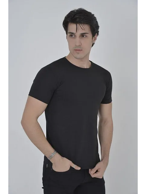 Erkek Yanlardan Fermuarlı T-shirt Kısa Kol Bisiklet Yaka Slimfit Tişört   - Siyah