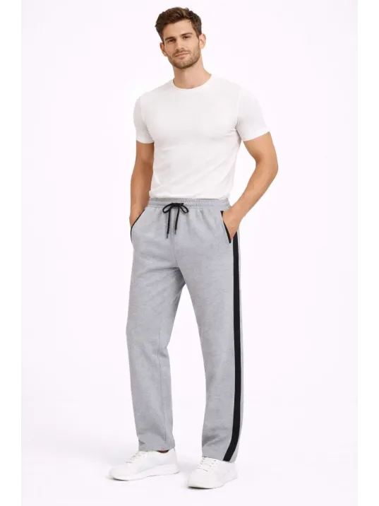 Erkek Yandan Şeritli Boru Paça Eşofman Altı 3 İplik Pamuklu Eşofman - Gri