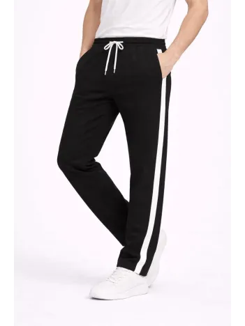 Erkek Yandan Şeritli Boru Paça Eşofman Altı 3 İplik Pamuklu Eşofman - Siyah