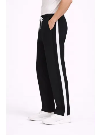 Erkek Yandan Şeritli Boru Paça Eşofman Altı 3 İplik Pamuklu Eşofman - Siyah