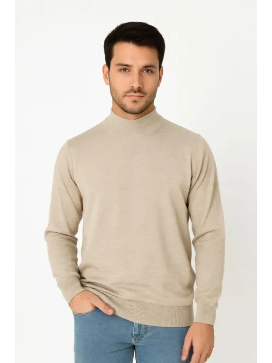 Erkek Yarım Boğaz Triko Kazak yumuşak dokulu Pamuklu ince Dokuma, uzun kollu Rahat Regular kalıp - Bej