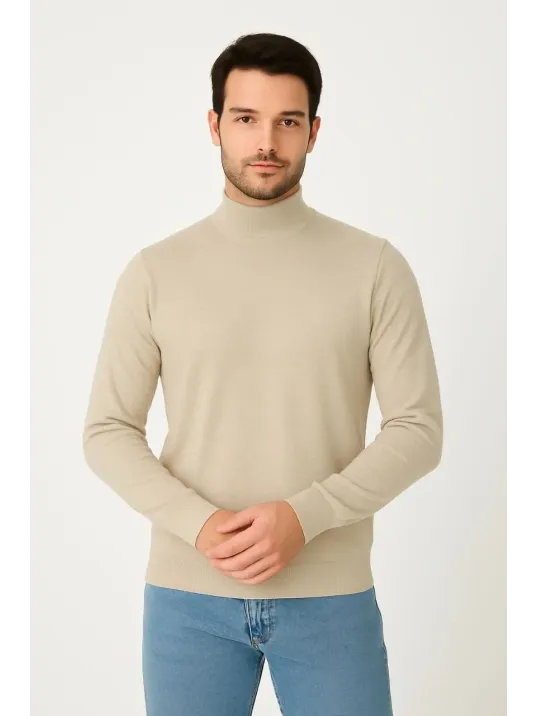 Erkek Yarım Boğaz Triko Kazak yumuşak dokulu Pamuklu ince Dokuma, uzun kollu Rahat Regular kalıp - Bej