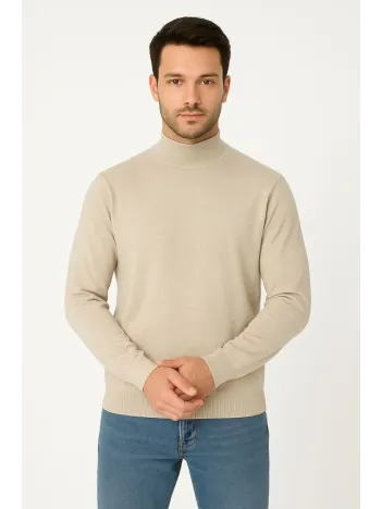 Erkek Yarım Boğaz Triko Kazak yumuşak dokulu Pamuklu ince Dokuma, uzun kollu Rahat Regular kalıp - Bej