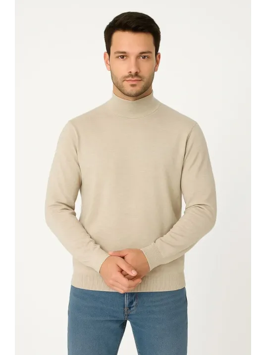 Erkek Yarım Boğaz Triko Kazak yumuşak dokulu Pamuklu ince Dokuma, uzun kollu Rahat Regular kalıp - Bej