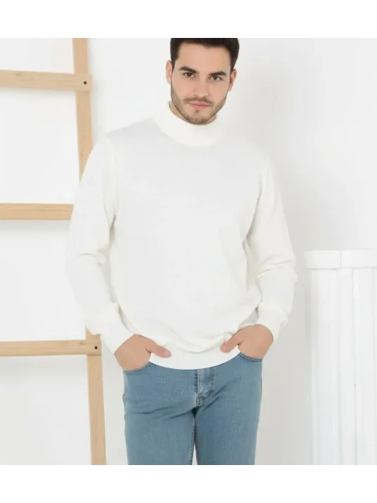 Erkek Yarım Boğaz Triko Kazak Yumuşak Dokulu Pamuklu İnce Dokuma, Uzun Kollu Rahat Regular Kalıp - Beyaz