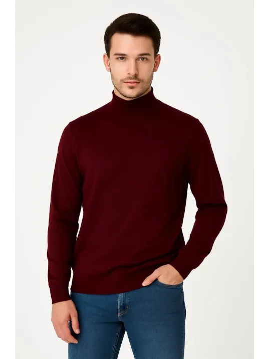 Erkek Yarım Boğaz Triko Kazak yumuşak dokulu Pamuklu ince Dokuma, uzun kollu Rahat Regular kalıp - Bordo