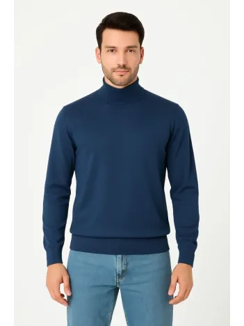 Erkek Yarım Boğaz Triko Kazak Yumuşak Dokulu Pamuklu İnce Dokuma, Uzun Kollu Rahat Regular Kalıp - İndigo