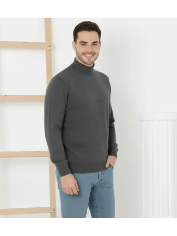 Erkek Yarım Boğaz Triko Kazak Yumuşak Dokulu Pamuklu İnce Dokuma, Uzun Kollu Rahat Regular Kalıp - Füme