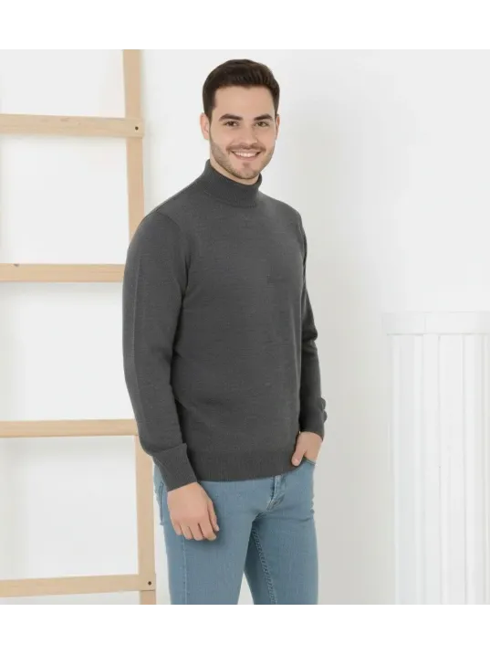 Erkek Yarım Boğaz Triko Kazak Yumuşak Dokulu Pamuklu İnce Dokuma, Uzun Kollu Rahat Regular Kalıp - Füme