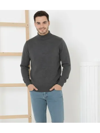 Erkek Yarım Boğaz Triko Kazak Yumuşak Dokulu Pamuklu İnce Dokuma, Uzun Kollu Rahat Regular Kalıp - Füme