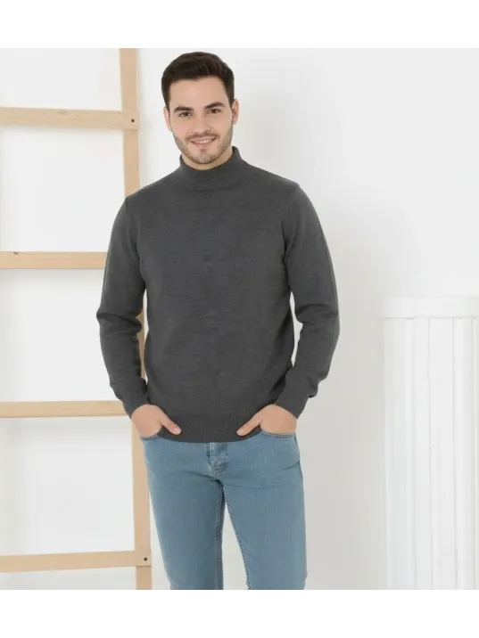 Erkek Yarım Boğaz Triko Kazak Yumuşak Dokulu Pamuklu İnce Dokuma, Uzun Kollu Rahat Regular Kalıp - Füme