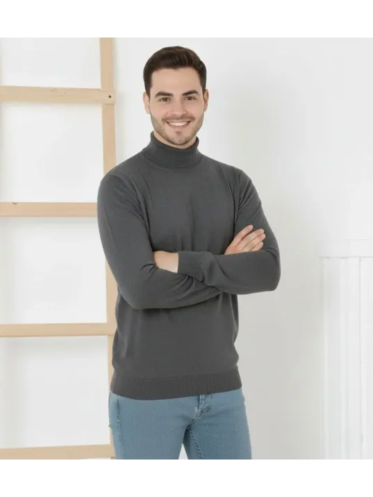 Erkek Yarım Boğaz Triko Kazak Yumuşak Dokulu Pamuklu İnce Dokuma, Uzun Kollu Rahat Regular Kalıp - Füme