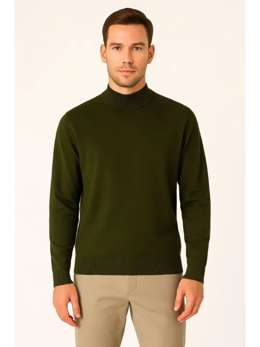 Erkek Yarım Boğaz Triko Kazak yumuşak dokulu Pamuklu ince Dokuma, uzun kollu Rahat Regular kalıp - Haki