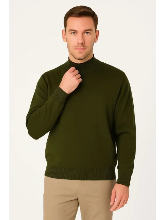 Erkek Yarım Boğaz Triko Kazak yumuşak dokulu Pamuklu ince Dokuma, uzun kollu Rahat Regular kalıp - Haki