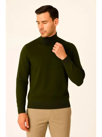 Erkek Yarım Boğaz Triko Kazak yumuşak dokulu Pamuklu ince Dokuma, uzun kollu Rahat Regular kalıp - Haki