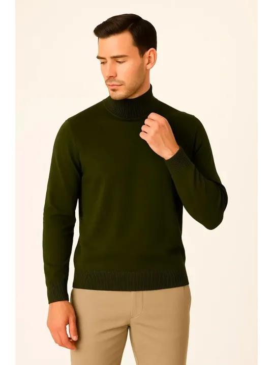 Erkek Yarım Boğaz Triko Kazak yumuşak dokulu Pamuklu ince Dokuma, uzun kollu Rahat Regular kalıp - Haki